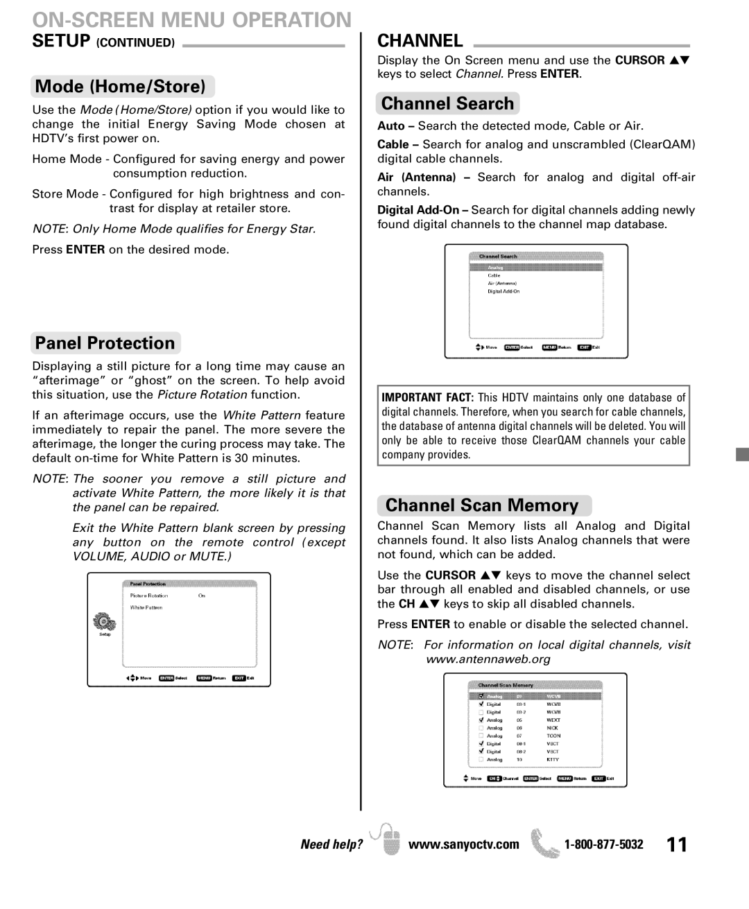 Sanyo DP50741 manual Mode Home/Store, Panel Protection, Channel Search, Channel Scan Memory 