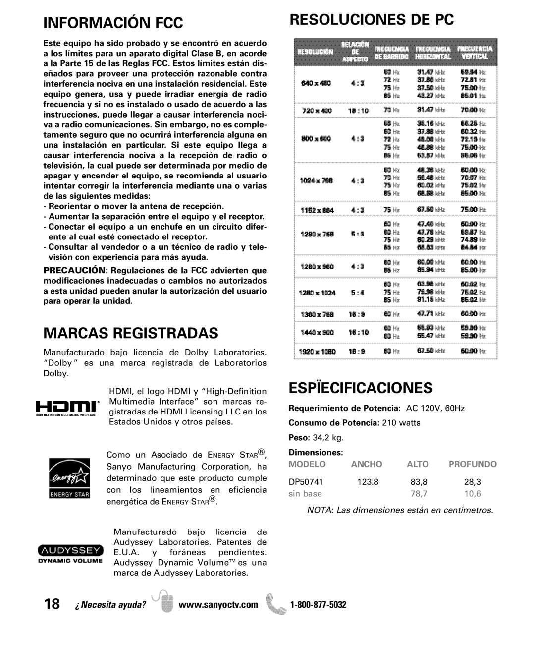 Sanyo DP50741 manual Información FCC, Marcas Registradas, Resoluciones DE PC Espïecificaciones 