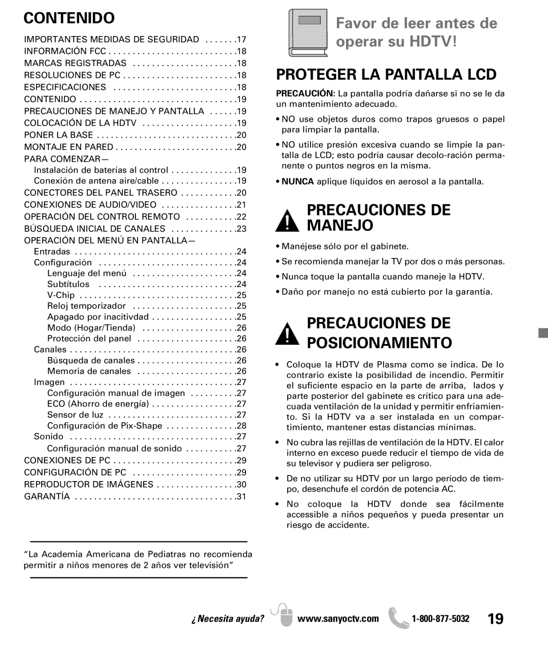 Sanyo DP50741 manual Contenido, Proteger LA Pantalla LCD, Precauciones DE Manejo, Precauciones DE Posicionamiento 