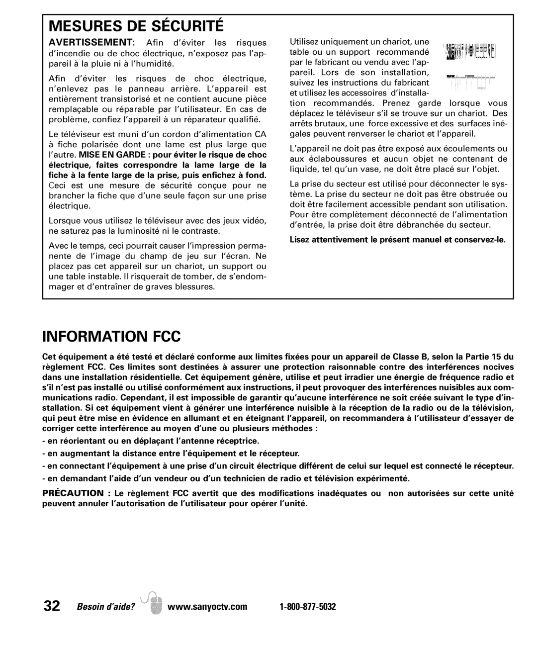 Sanyo DP50741 manual Mesures DE Sécurité, Information FCC 