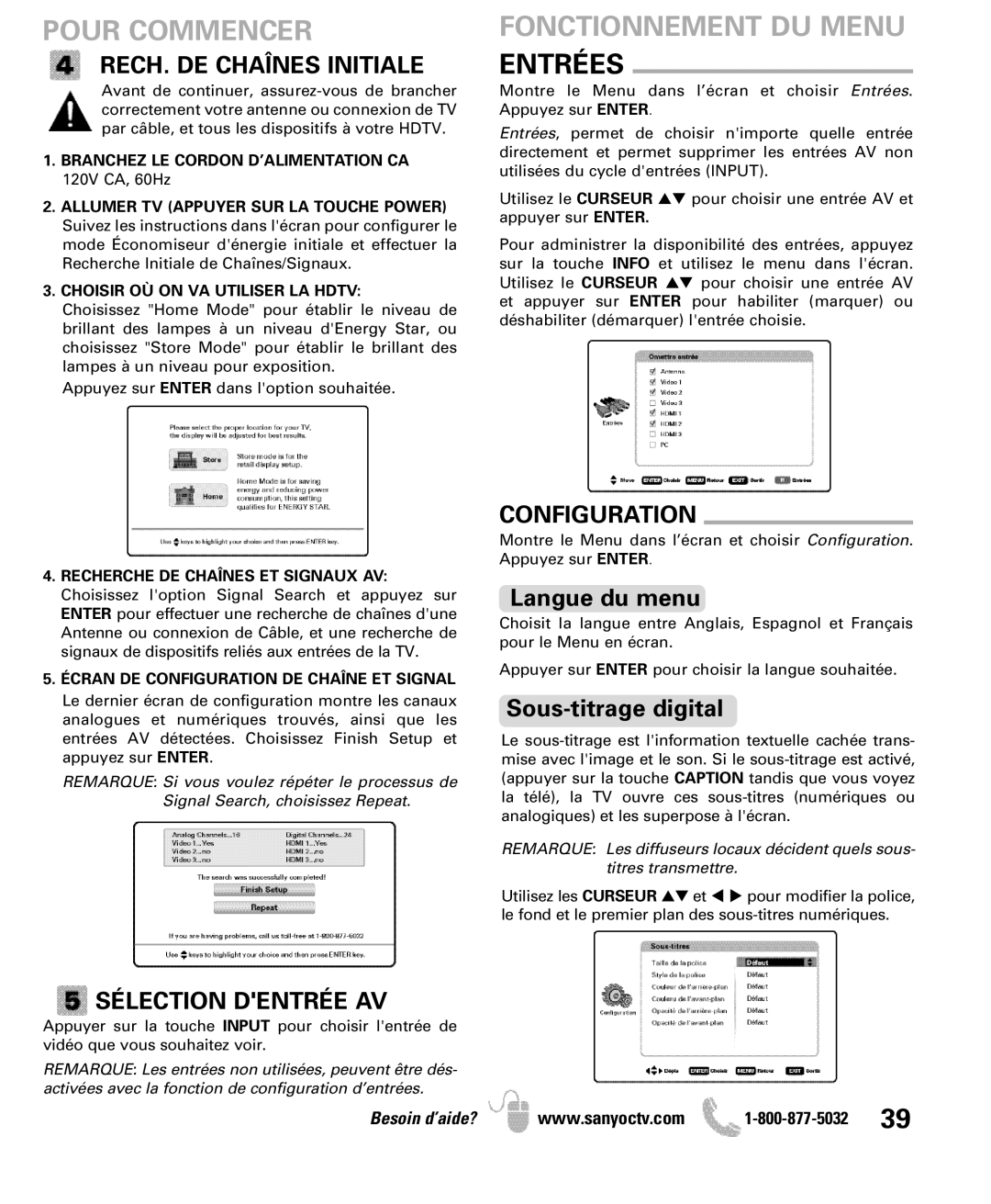 Sanyo DP50741 manual Fonctionnement DU Menu Entrées, RECH. DE Chaînes Initiale, Configuration, Sélection Dentrée AV 