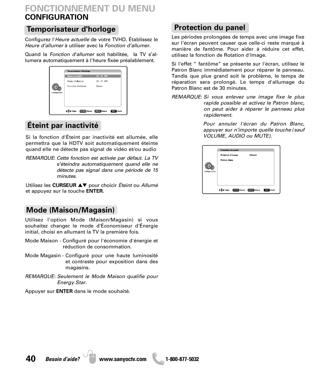 Sanyo DP50741 manual Fonctionnement DU Menu, Temporisateur dhorloge, Éteint par inactivité, Mode Maison/Magasin 