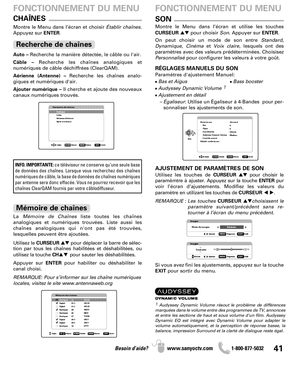 Sanyo DP50741 manual Chaînes, Recherche de chaînes, Mémoire de chaînes, Son 