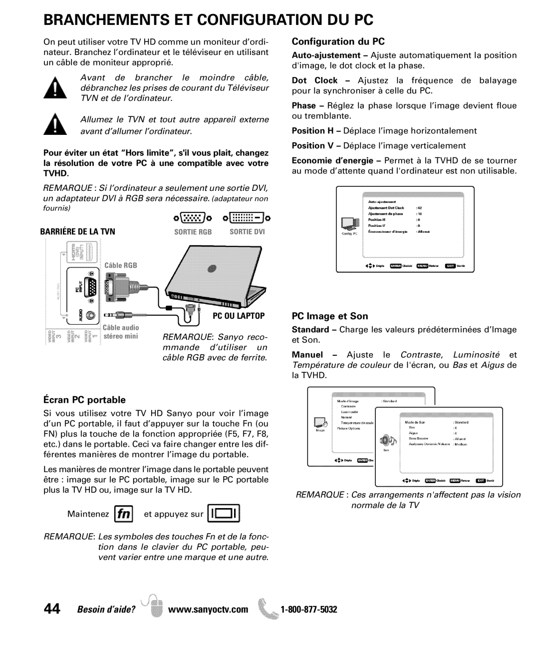 Sanyo DP50741 manual Branchements ET Configuration DU PC, Configuration du PC, PC Image et Son, Écran PC portable 