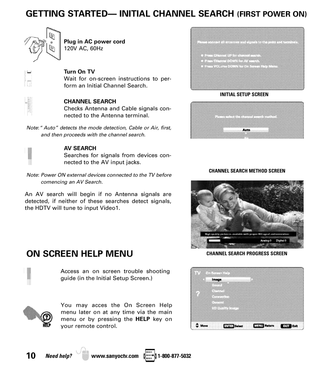 Sanyo DP50749 manual Getting STARTED- Initial Channel Search First Power on, On Screen Help Menu, AV Search 