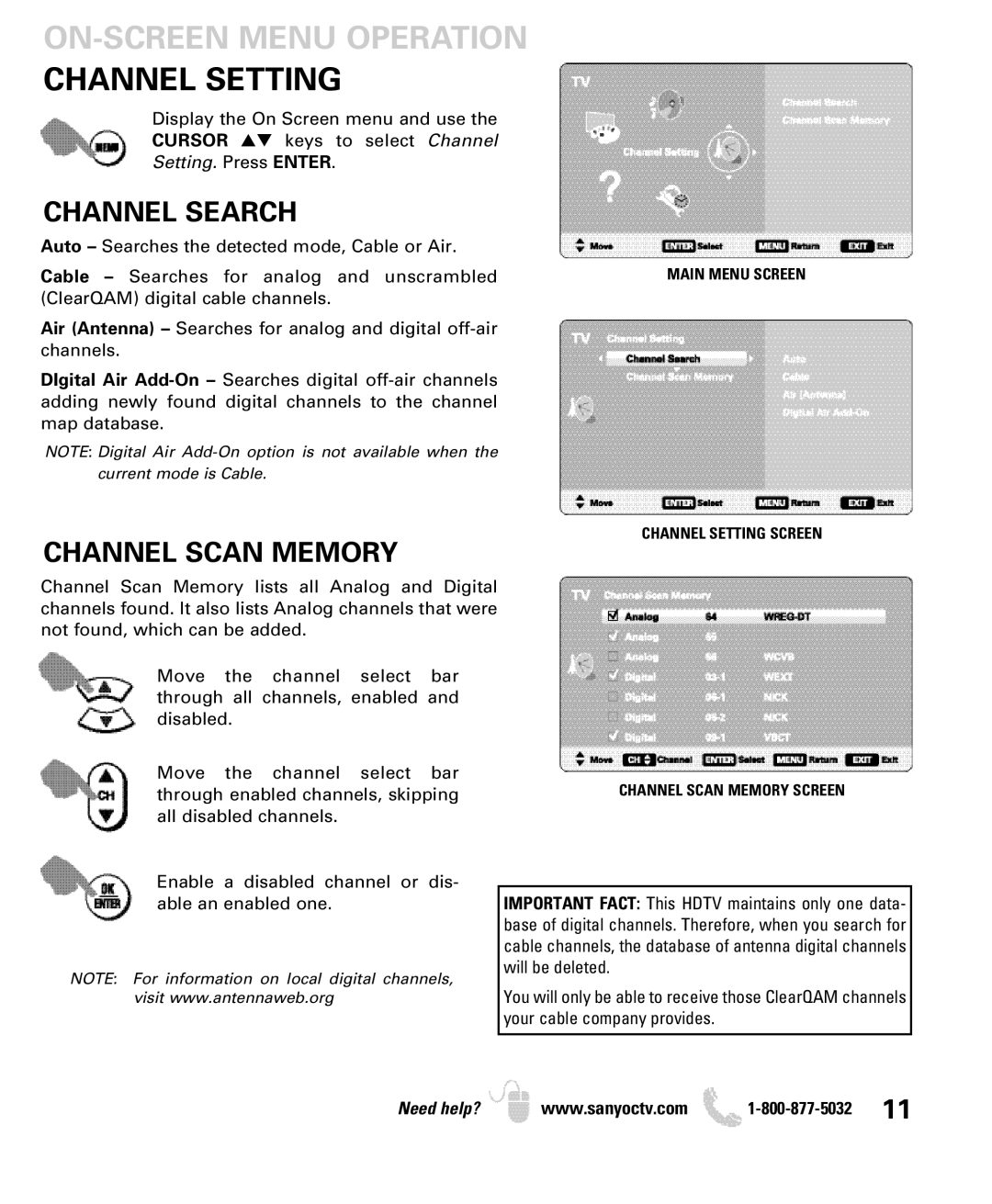 Sanyo DP50749 manual ON-SCREEN Menu Operation Channel Setting, Channel Search, Channel Scan Memory 