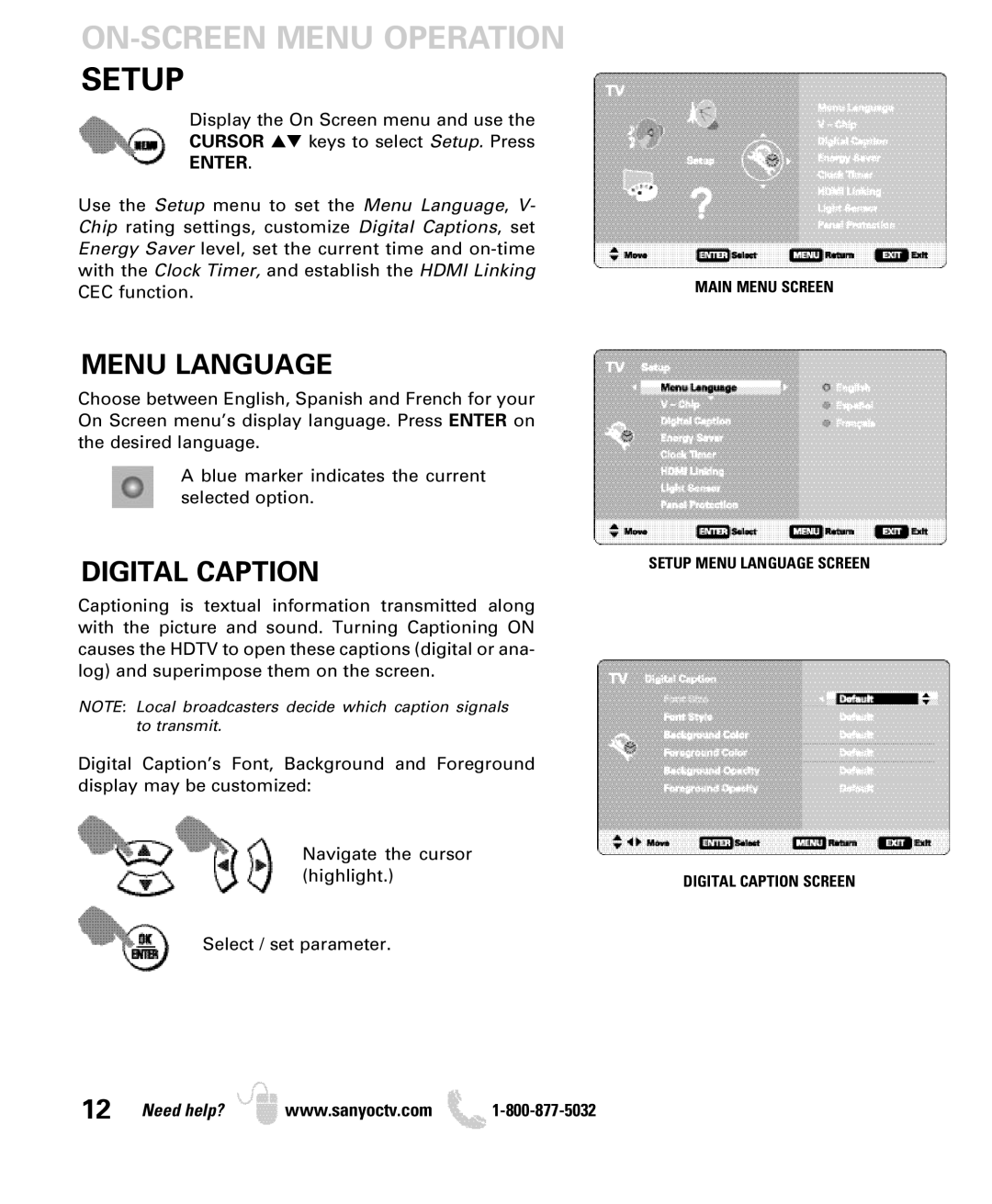 Sanyo DP50749 manual ON-SCREEN Menu Operation, Menu Language, Digital Caption, Enter, CEC function 