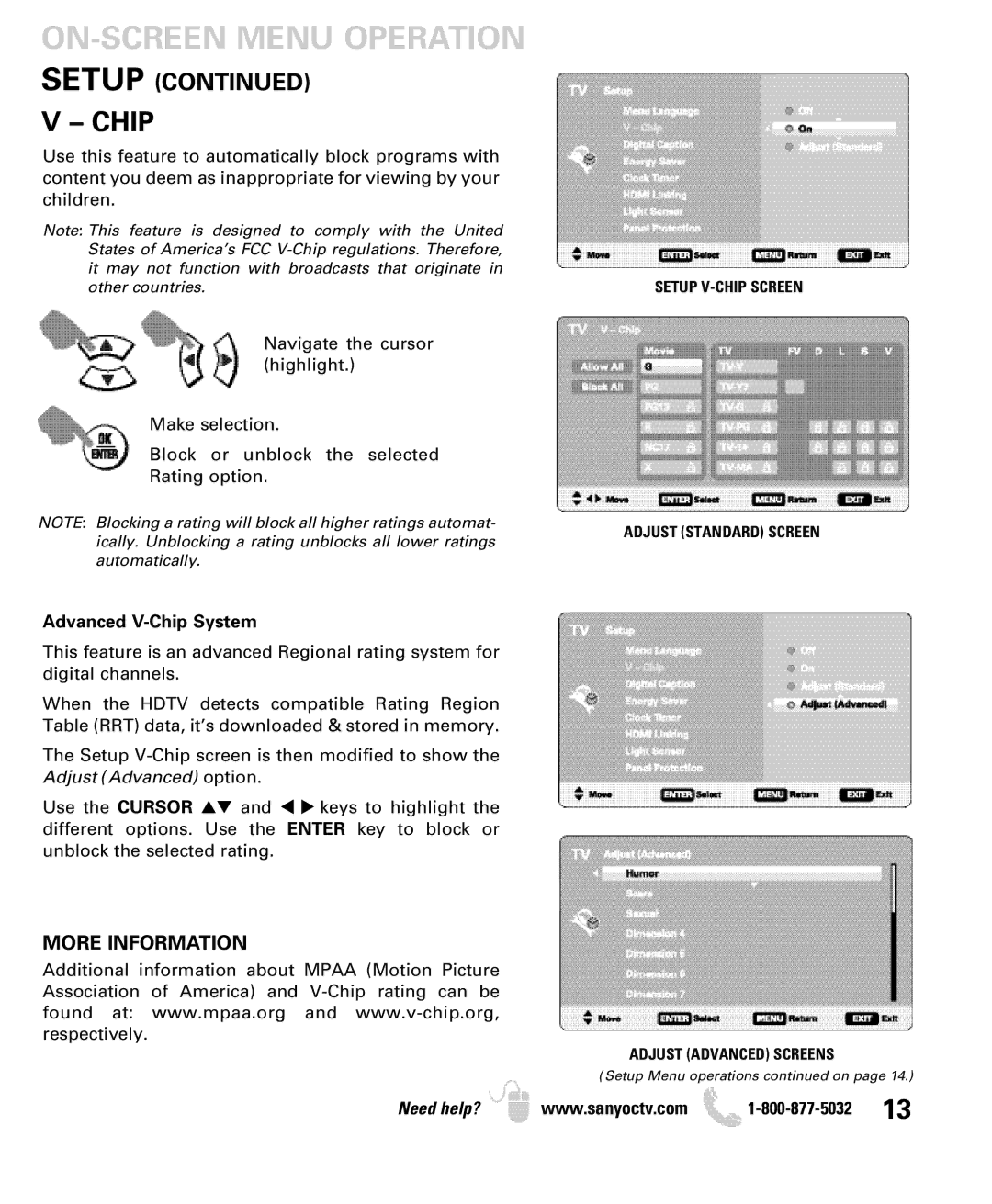 Sanyo DP50749 manual Setup, More Information, Advanced V-Chip System 