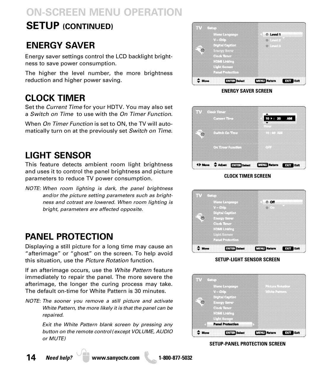 Sanyo DP50749 manual Energy Saver, Clock Timer, Light Sensor, Panel Protection 