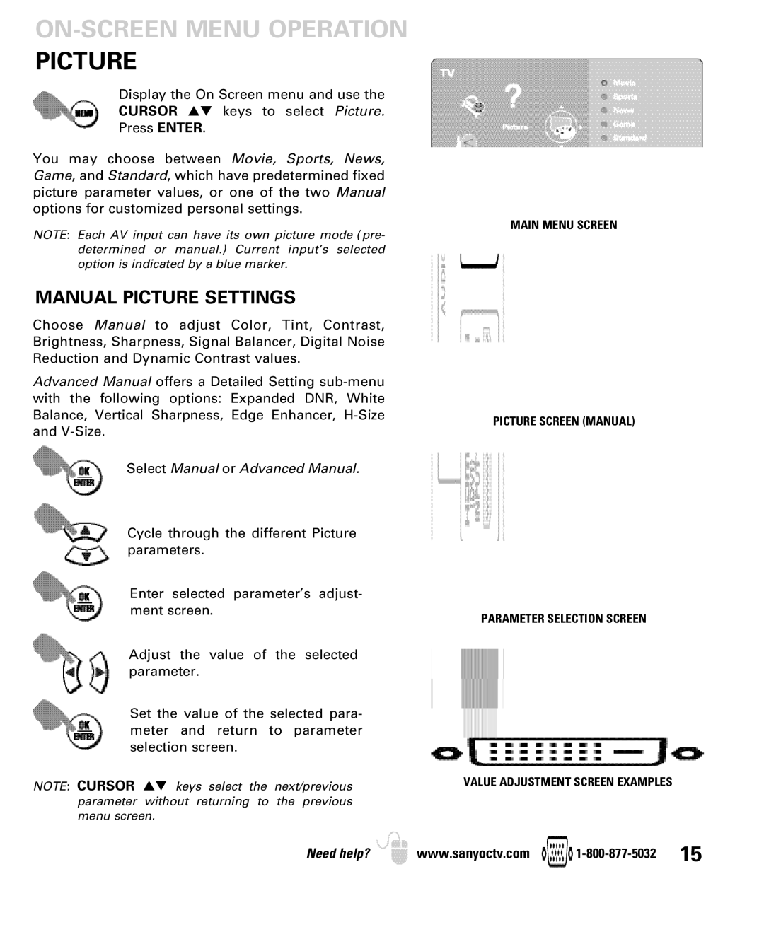 Sanyo DP50749 manual ON-SCREEN Menu Operation Picture, Manual Picture Settings 