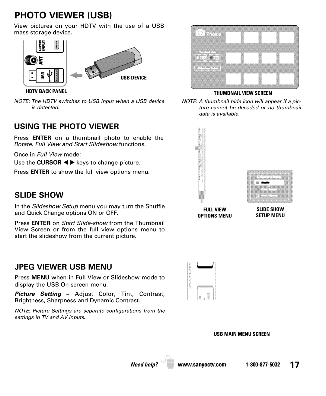 Sanyo DP50749 manual Photo Viewer USB, Using the Photo Viewer, Slide Show, Jpeg Viewer USB Menu 