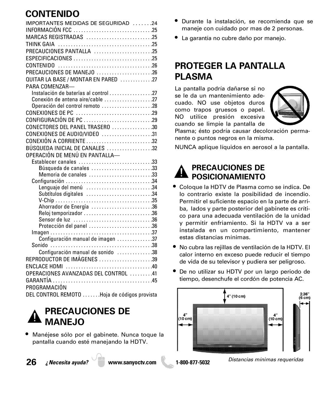 Sanyo DP50749 manual Contenido, Proteger LA Pantalla Plasma, Precauciones DE Manejo, Precauciones DE Posicionamiento 