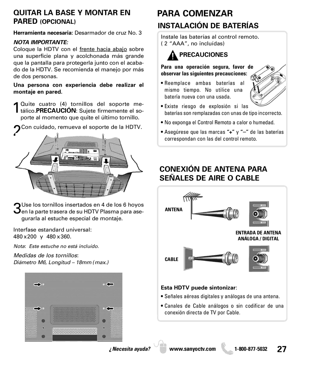 Sanyo DP50749 manual Para Comenzar, Instalación DE Baterías, Conexión DE Antena Para Señales DE Aire O Cable, Precauciones 