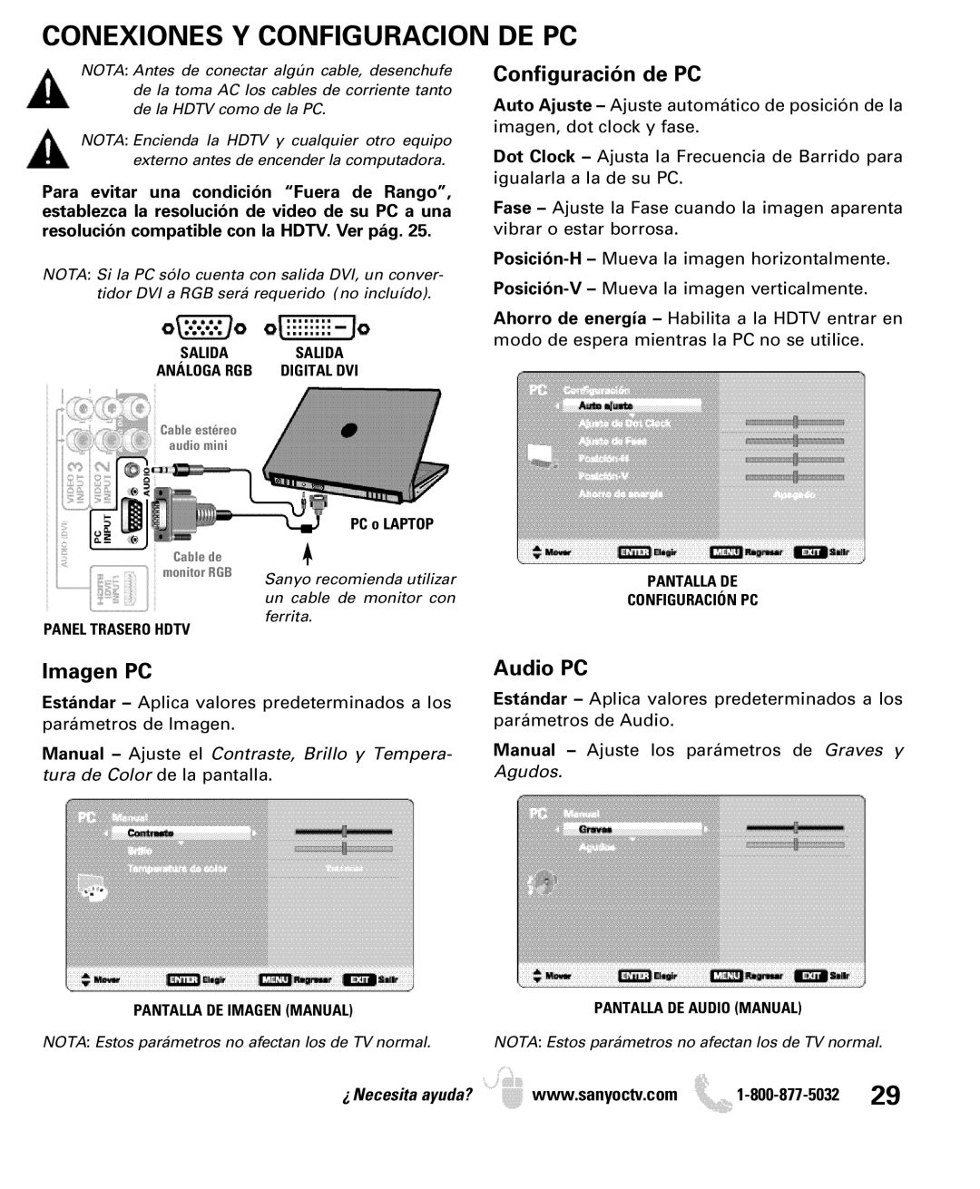 Sanyo DP50749 manual Conexiones Y Configuracion DE PC, Configuración de PC 