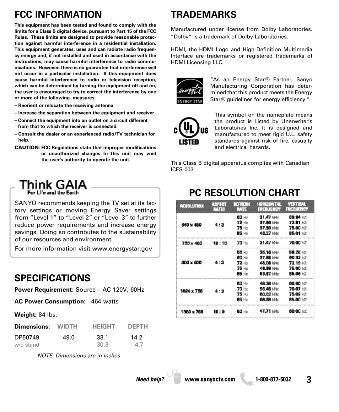 Sanyo DP50749 manual FCC Information, Trademarks, PC Resolution Chart, Specifications 