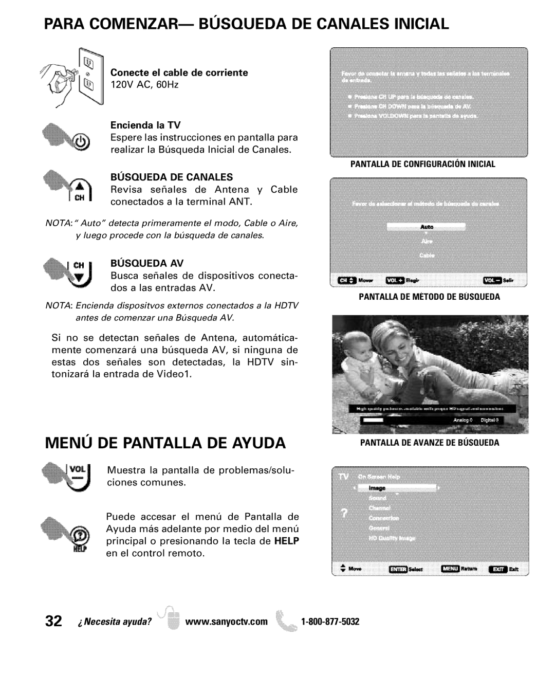 Sanyo DP50749 manual Para COMENZAR- Búsqueda DE Canales Inicial, Menú DE Pantalla DE Ayuda, Búsqueda AV 