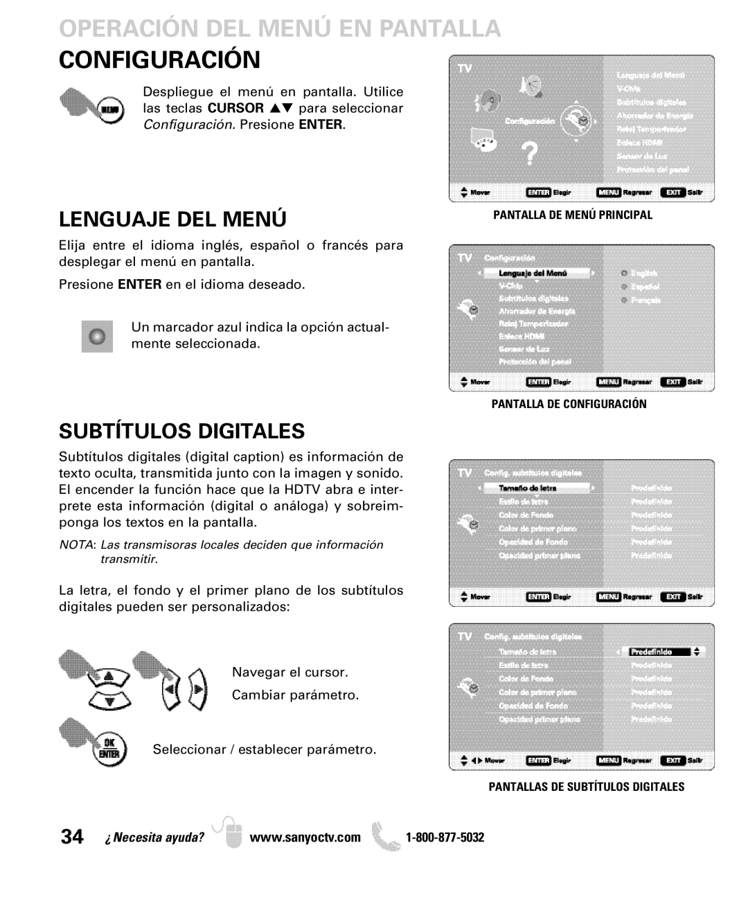 Sanyo DP50749 manual Operación DEL Menú EN Pantalla Configuración, Lenguaje DEL Menú, Subtítulos Digitales 