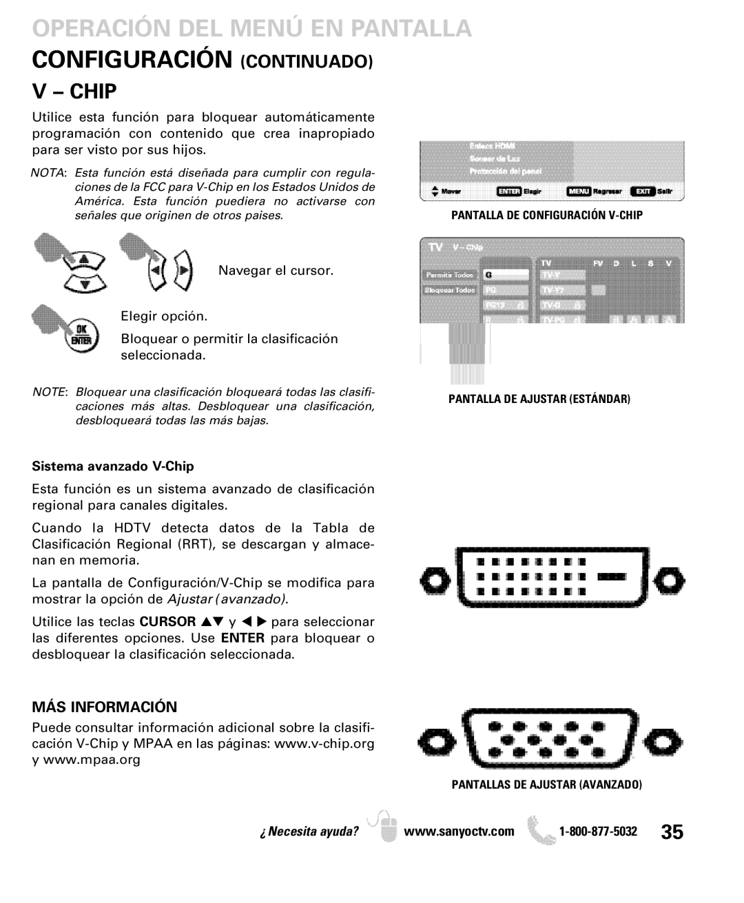 Sanyo DP50749 manual MÁS Información, Sistema avanzado V-Chip 