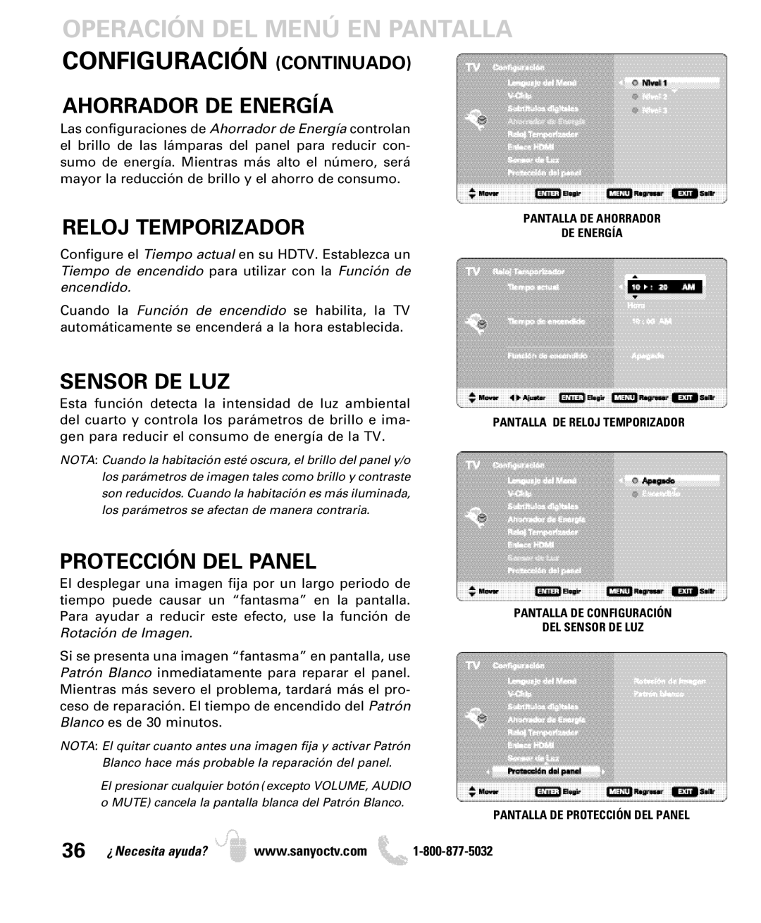 Sanyo DP50749 manual Operación DEL Menú EN Pantalla Configuración Continuado, Ahorrador DE Energía, Reloj Temporizador 