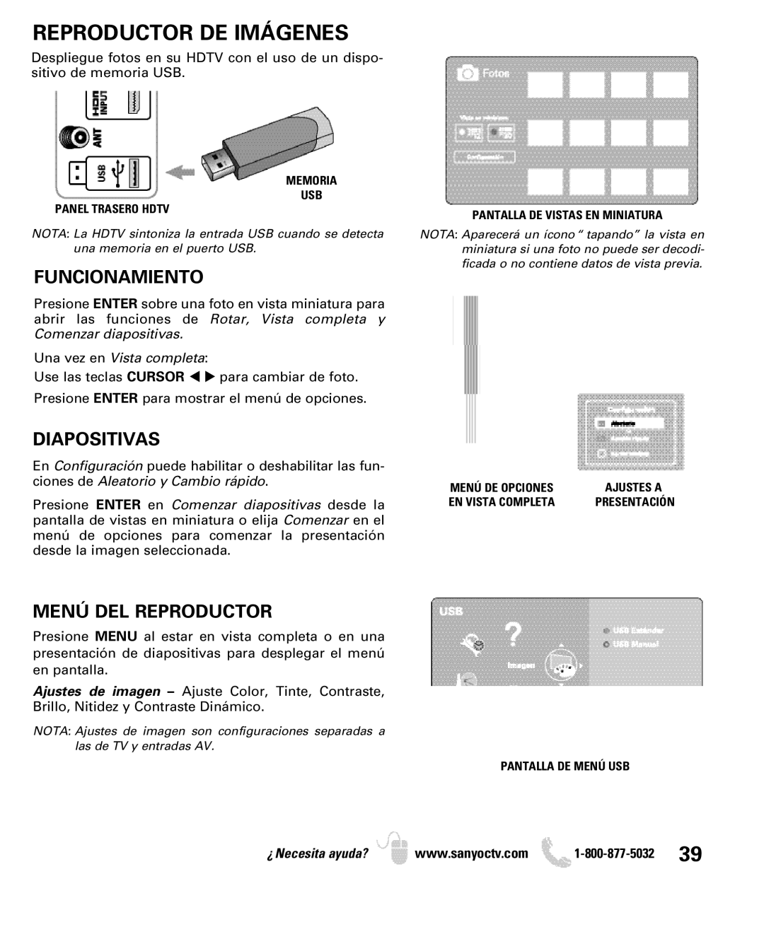 Sanyo DP50749 manual Reproductor DE Imágenes, Funcionamiento, Diapositivas, Menú DEL Reproductor 