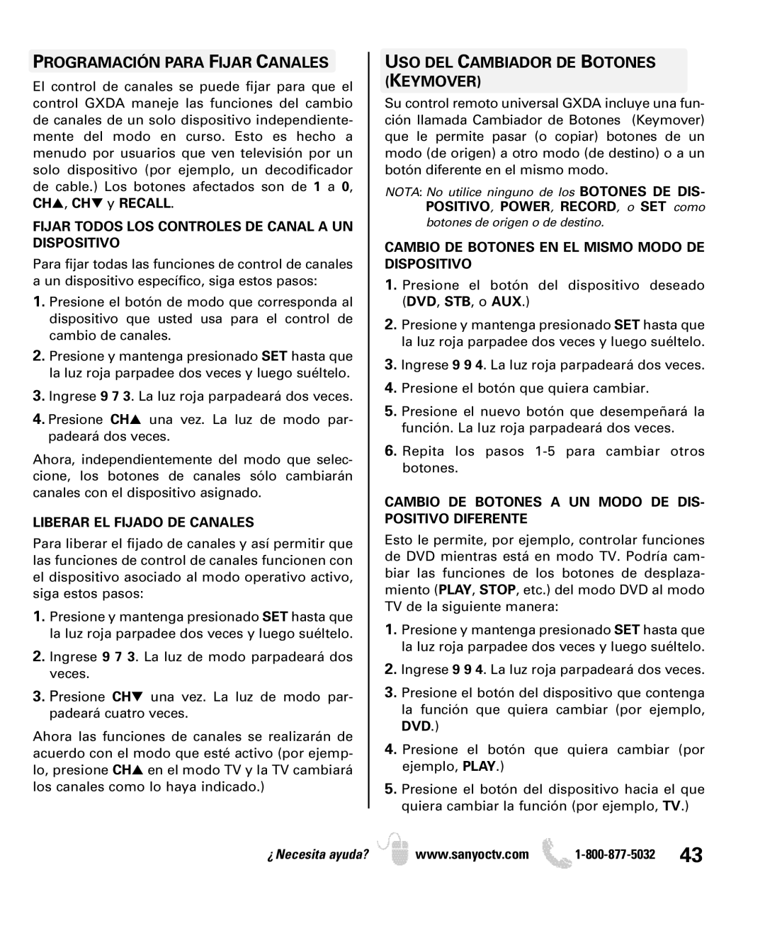 Sanyo DP50749 manual Programación Para Fijar Canales, USO DEL Cambiador DE Botones Keymover 