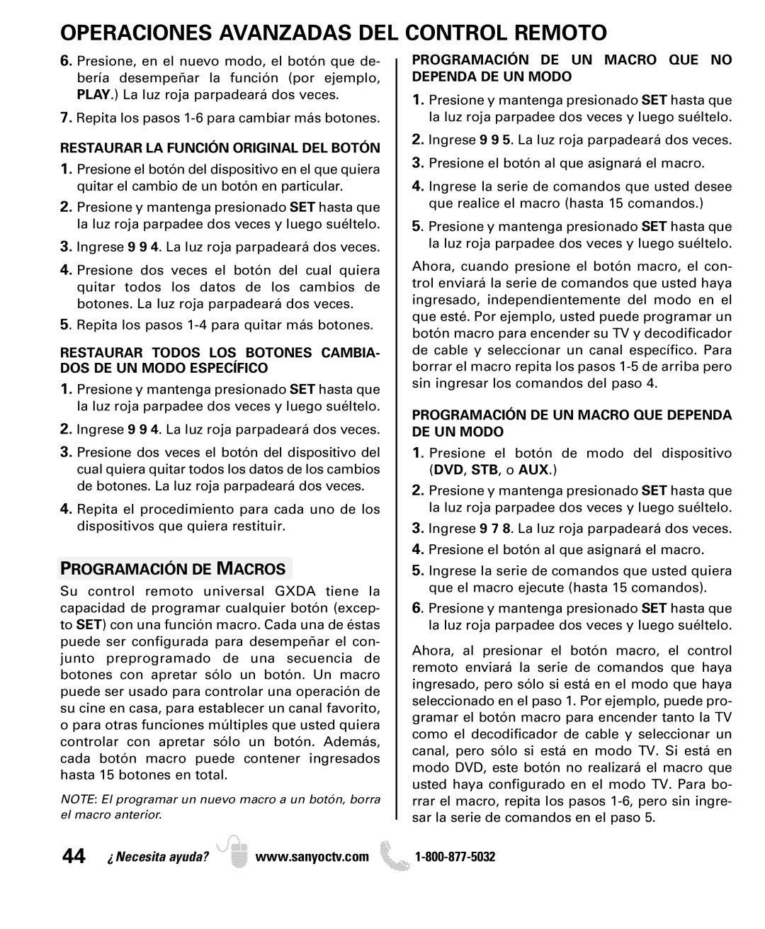 Sanyo DP50749 manual Programación DE Macros, Restaurar LA Función Original DEL Botón 