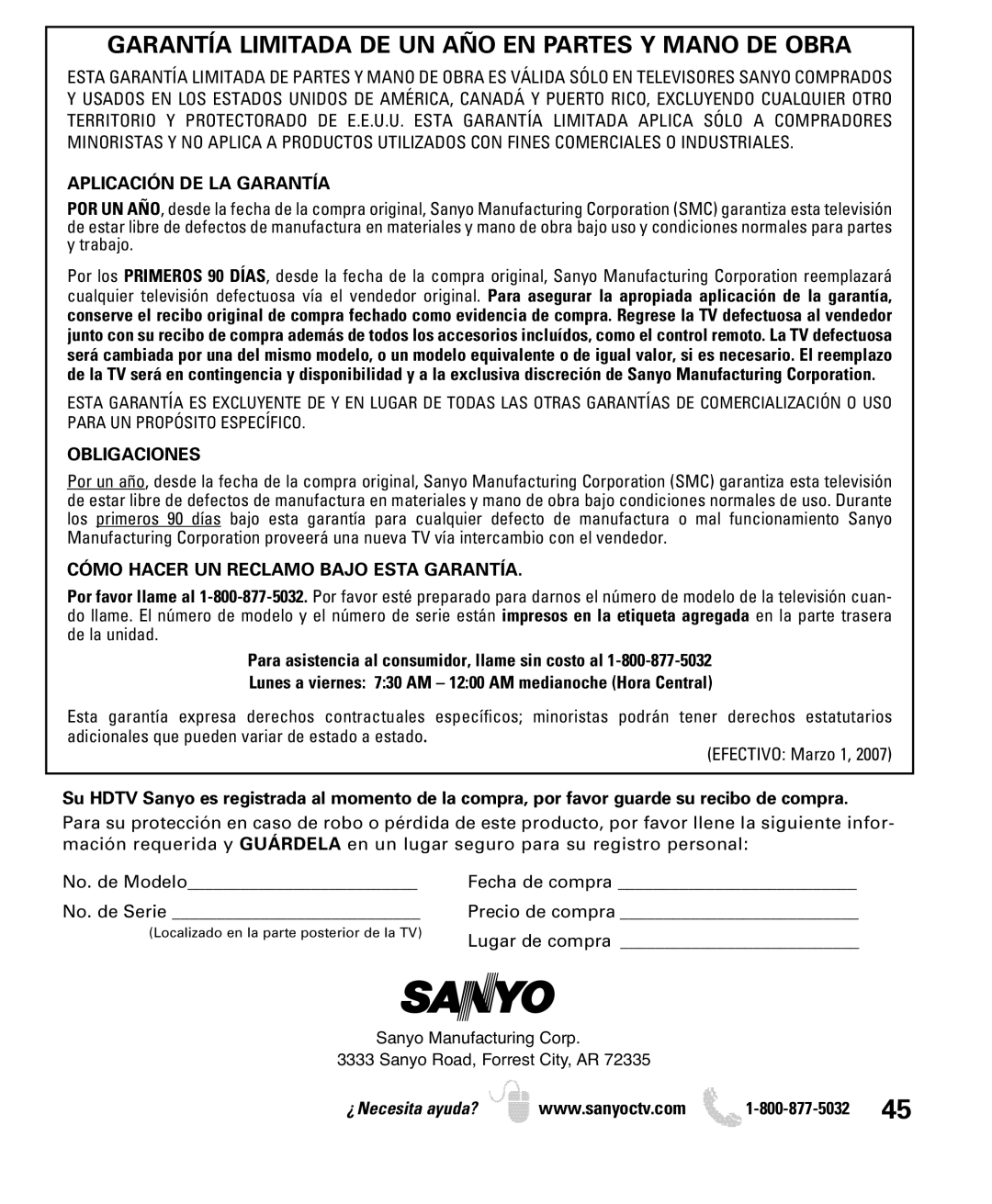 Sanyo DP50749 manual Garantía Limitada DE UN AÑO EN Partes Y Mano DE Obra, Aplicación DE LA Garantía, Obligaciones 