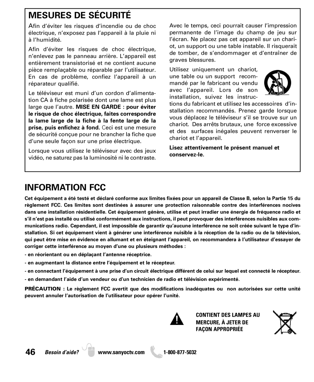 Sanyo DP50749 manual Mesures DE Sécurité, Information FCC, Contient DES Lampes AU MERCURE, À Jeter DE Façon Appropriée 