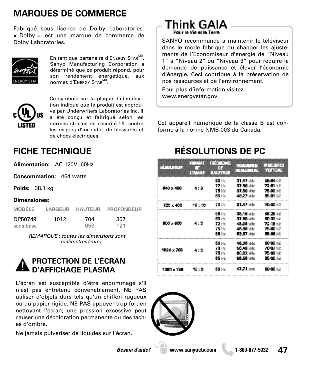 Sanyo DP50749 manual Marques DE Commerce, Fiche Technique, Protection DE L’ÉCRAN ’AFFICHAGE Plasma 