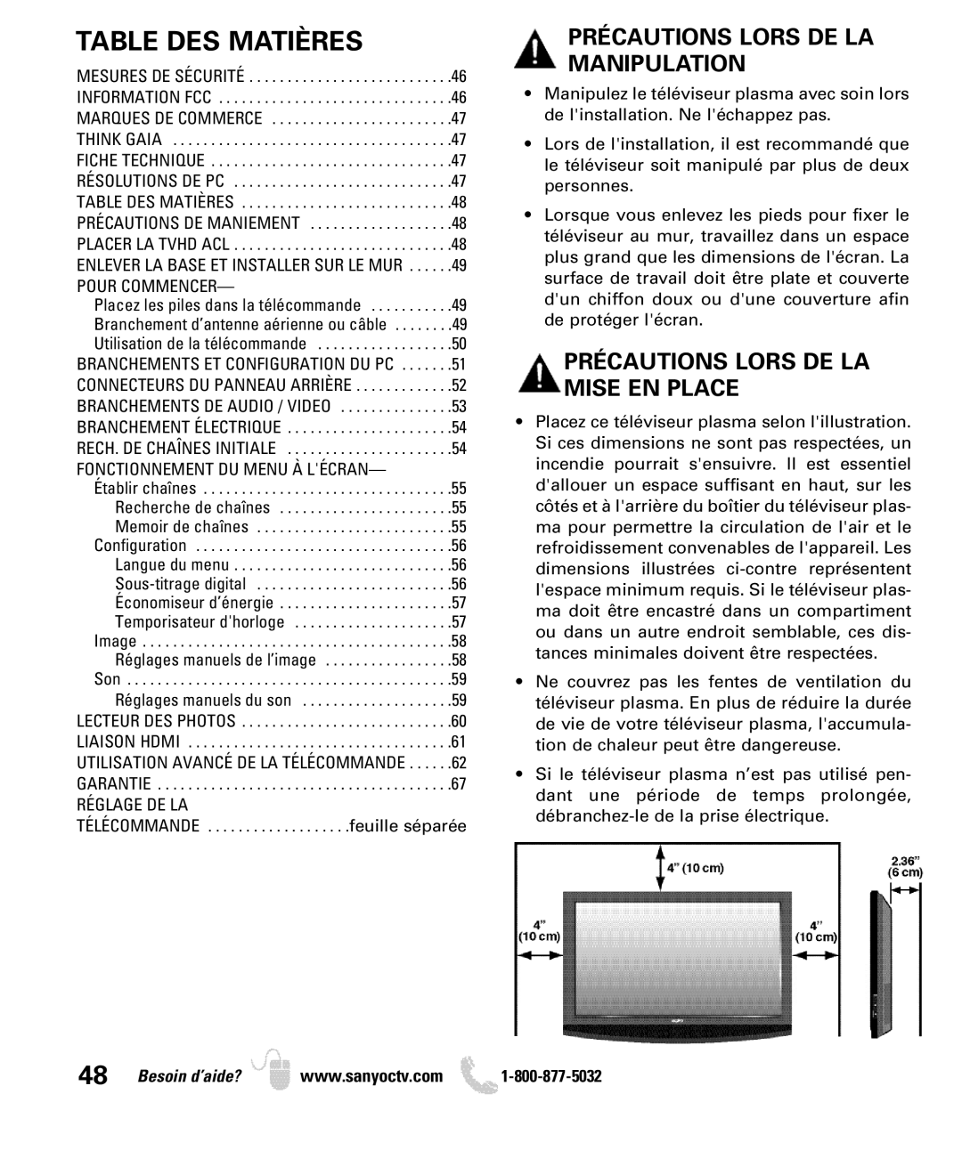 Sanyo DP50749 manual Table DES Matières, Précautions Lors DE LA Manipulation, Précautions Lors DE LA Mise EN Place 