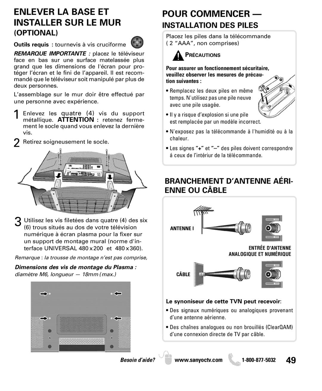 Sanyo DP50749 manual Pour Commencer, Optional, Installation DES Piles, Branchement D’ANTENNE AÉRI- Enne OU Câble 