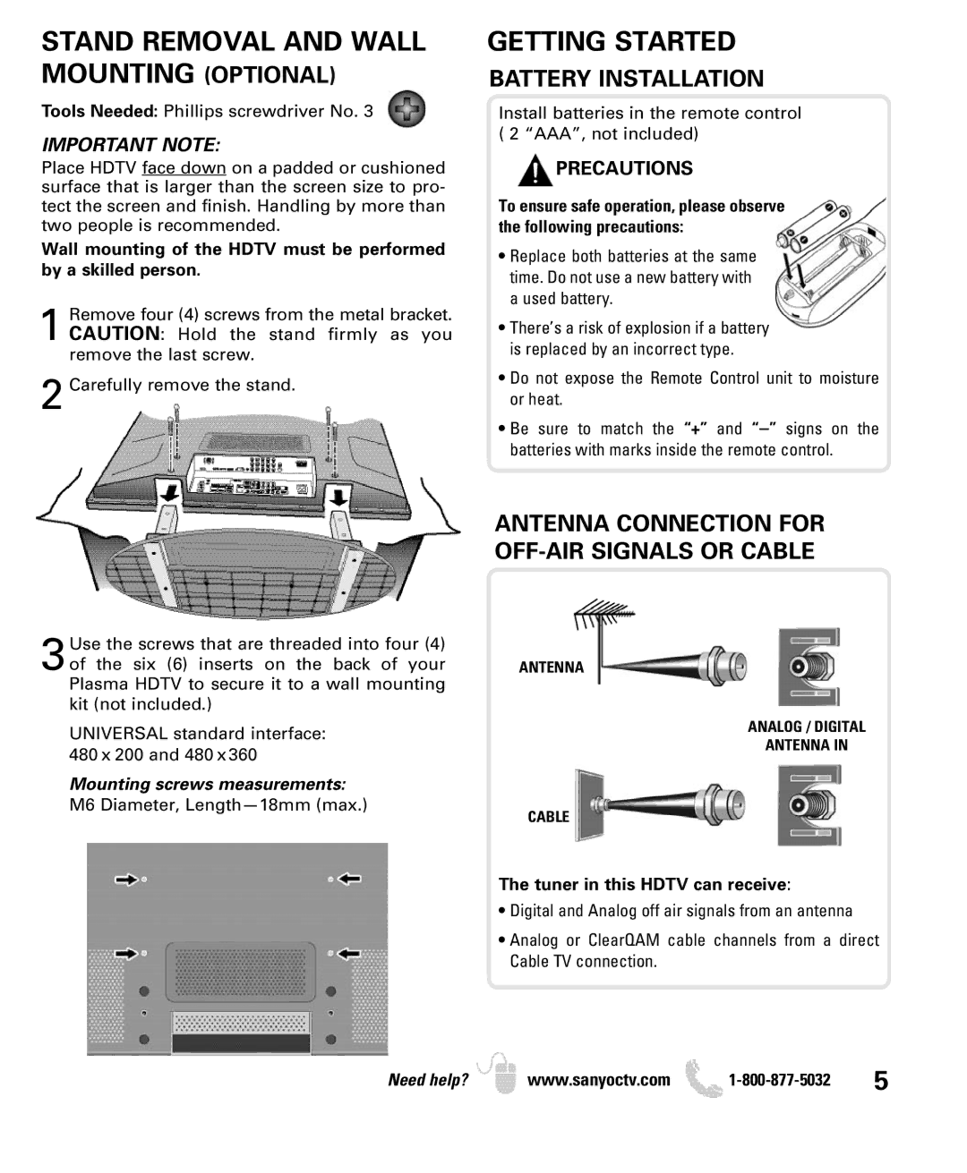 Sanyo DP50749 manual Stand Removal and Wall Mounting Optional, Getting Started, Battery Installation, Precautions 