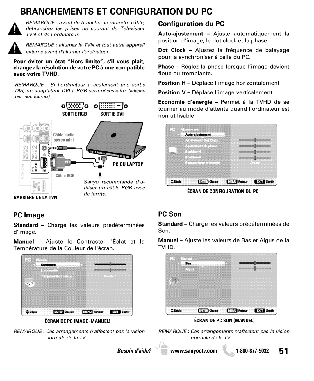 Sanyo DP50749 manual Branchements ET Configuration DU PC, Configuration du PC 