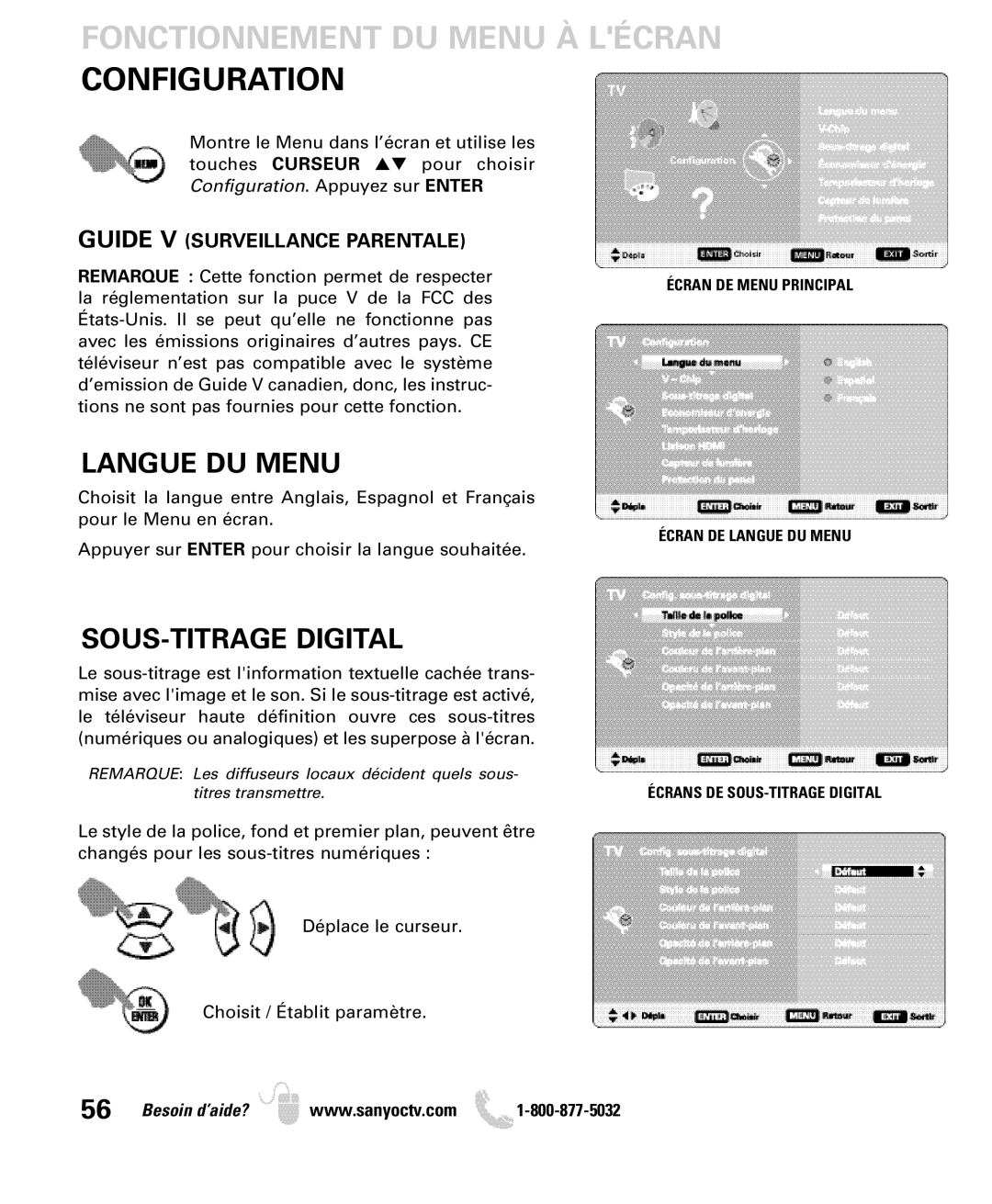 Sanyo DP50749 manual Fonctionnement DU Menu À Lécran Configuration, Langue DU Menu, SOUS-TITRAGE Digital 