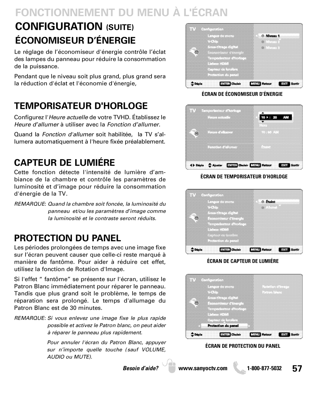 Sanyo DP50749 manual Fonctionnement DU Menu À Lécran Configuration Suite, Économiseur D’ÉNERGIE, Temporisateur Dhorloge 