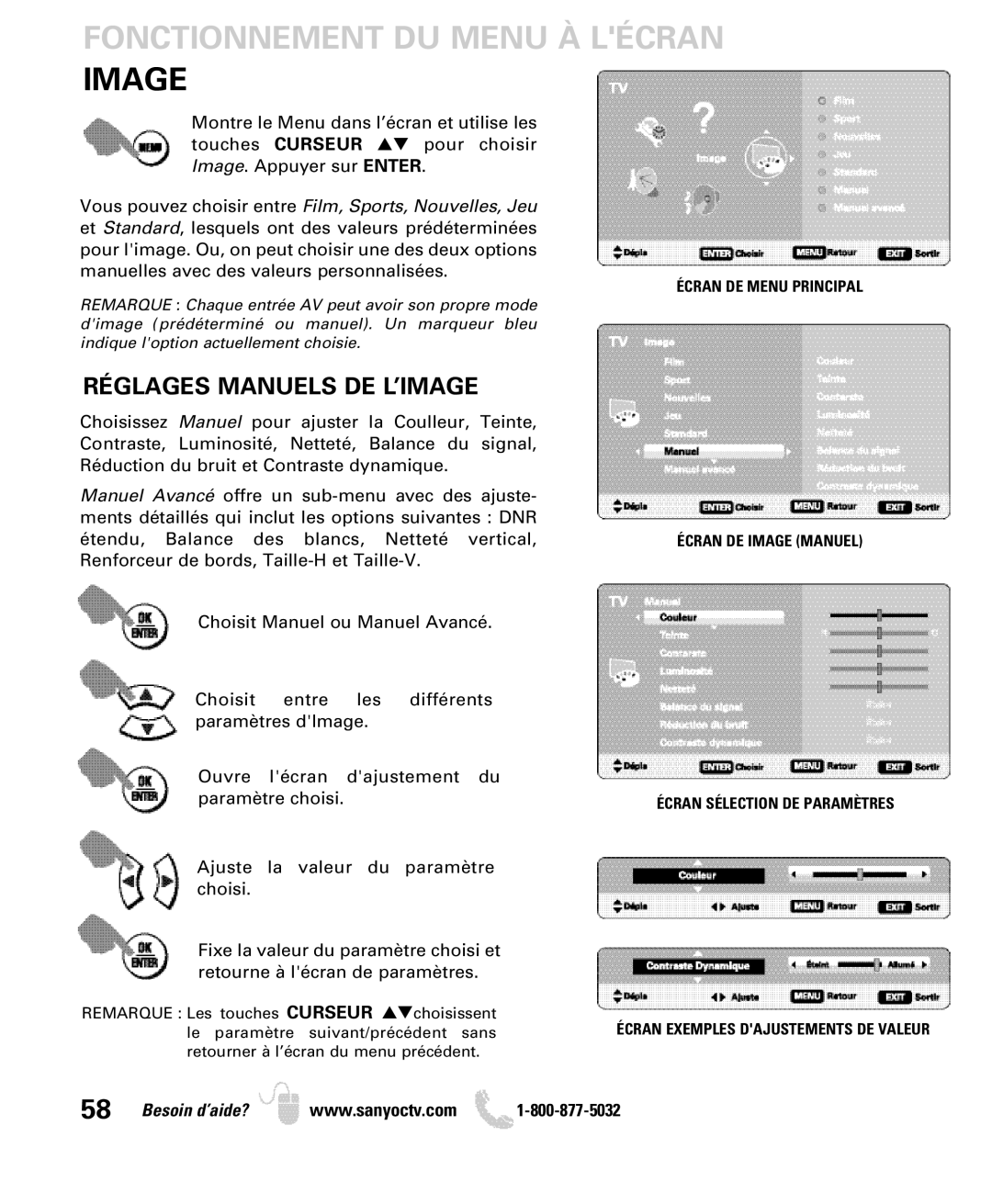 Sanyo DP50749 manual Fonctionnement DU Menu À Lécran, Réglages Manuels DE L’IMAGE 