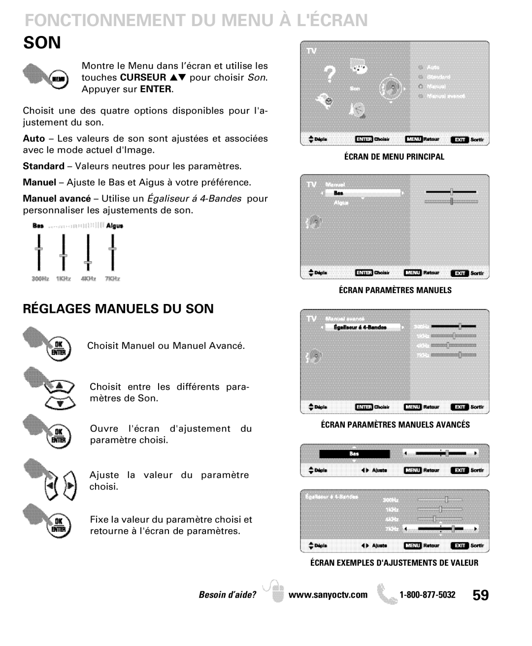 Sanyo DP50749 manual Fonctionnement DU Menu À Lécran SON, Réglages Manuels DU SON 