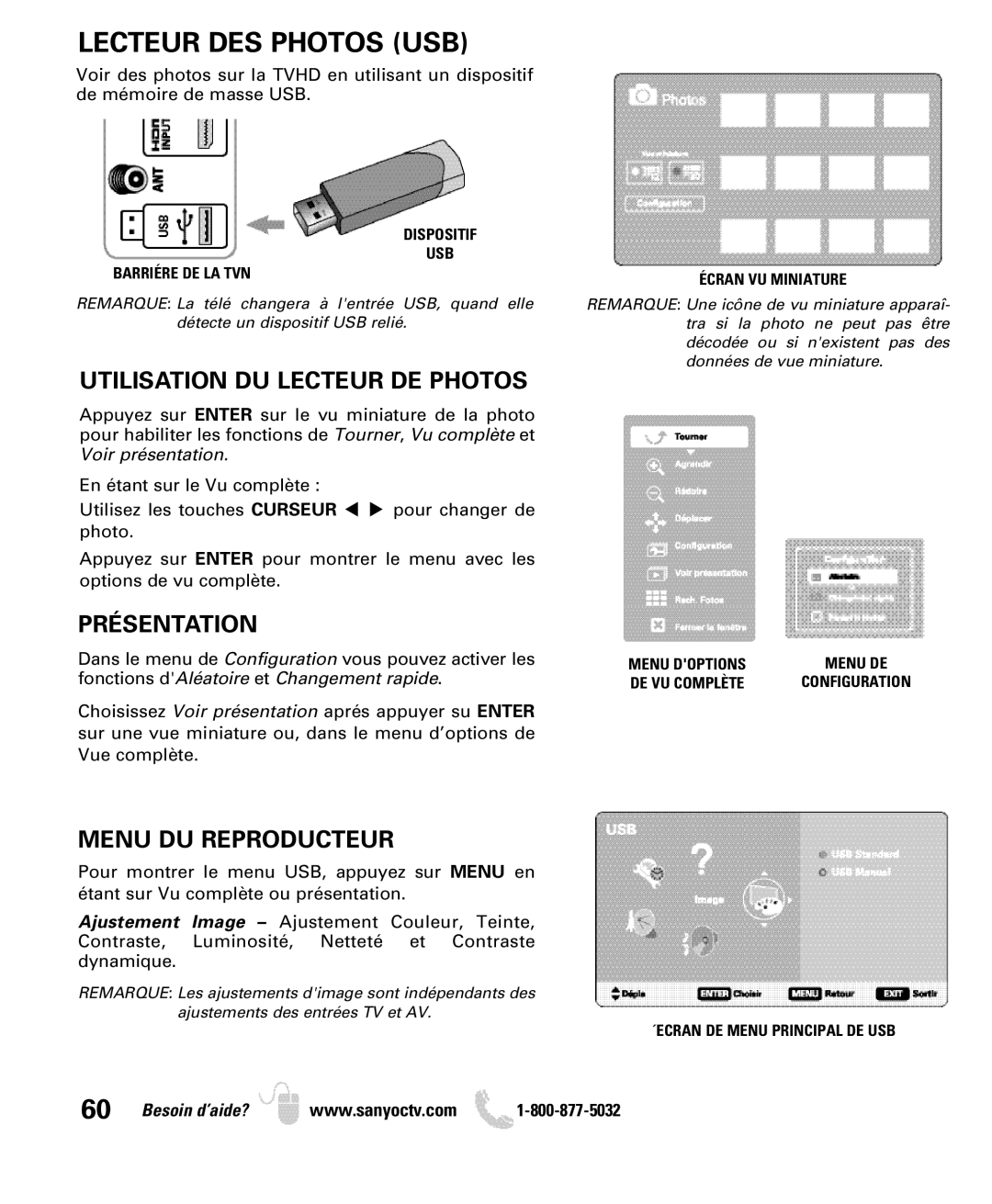 Sanyo DP50749 manual Lecteur DES Photos USB, Utilisation DU Lecteur DE Photos, Présentation, Menu DU Reproducteur 