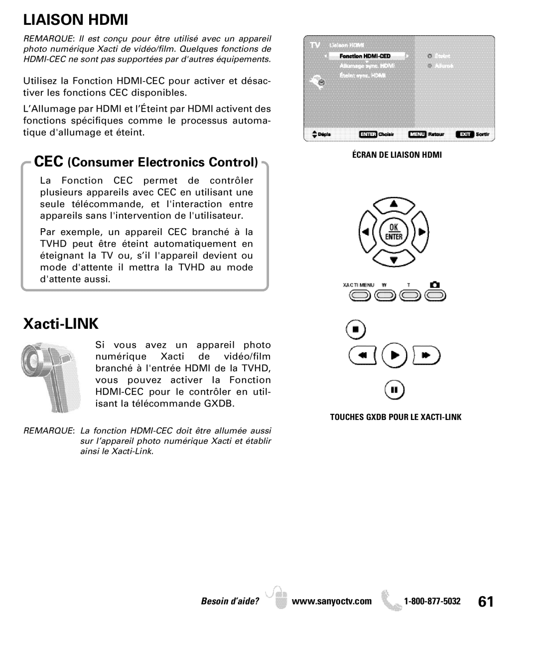 Sanyo DP50749 manual Liaison Hdmi, Touches Gxdb Pour LE XACTI-LINK 