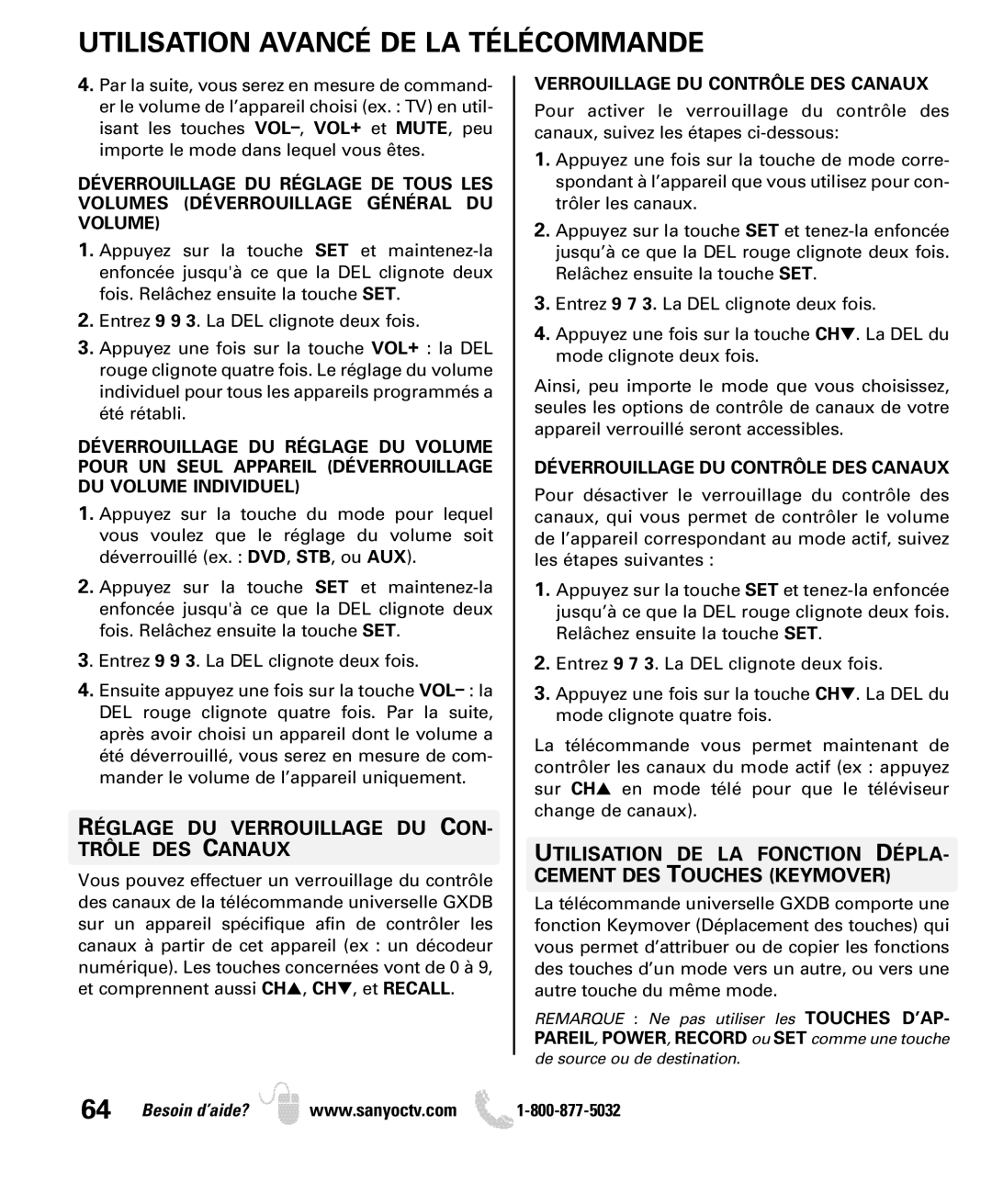 Sanyo DP50749 manual Réglage DU Verrouillage DU CON- Trôle DES Canaux, Verrouillage DU Contrôle DES Canaux 