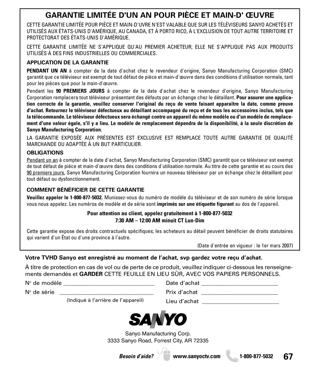 Sanyo DP50749 manual Garantie Limitée DUN AN Pour Pièce ET MAIN-D Œuvre, Application DE LA Garantie 