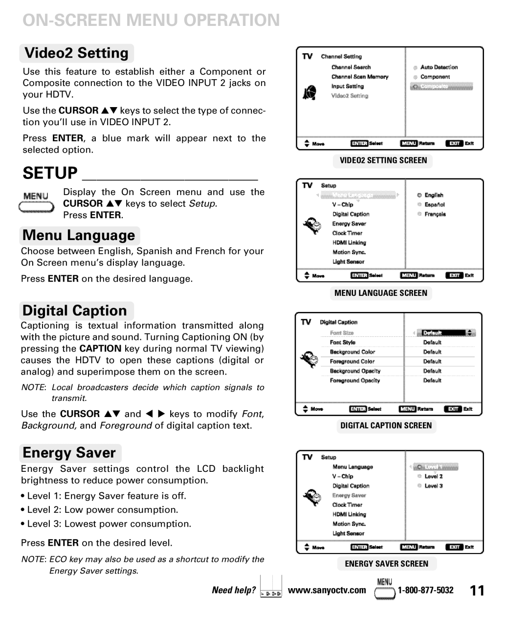 Sanyo DP52440 manual ON-SCREEN Menu Operation 