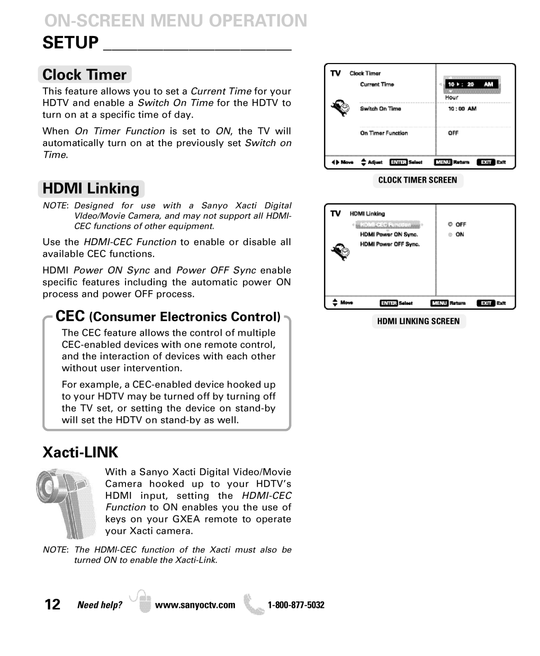 Sanyo DP52440 manual Clock Timer, Hdmi Linking, Xacti-LINK 