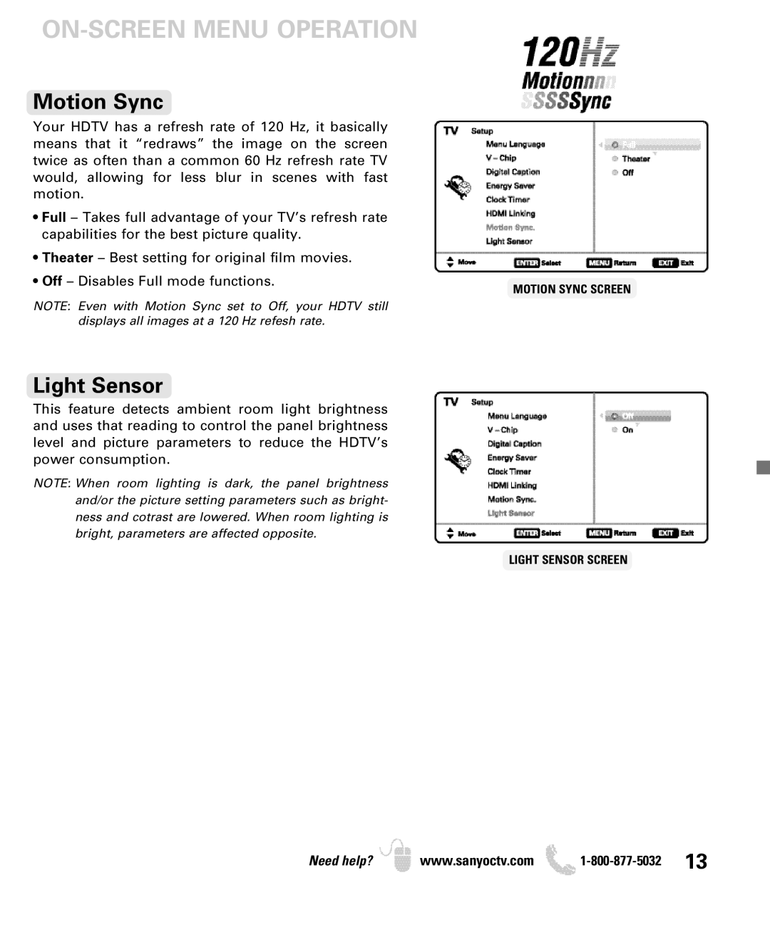 Sanyo DP52440 manual Motion Sync, Light Sensor 