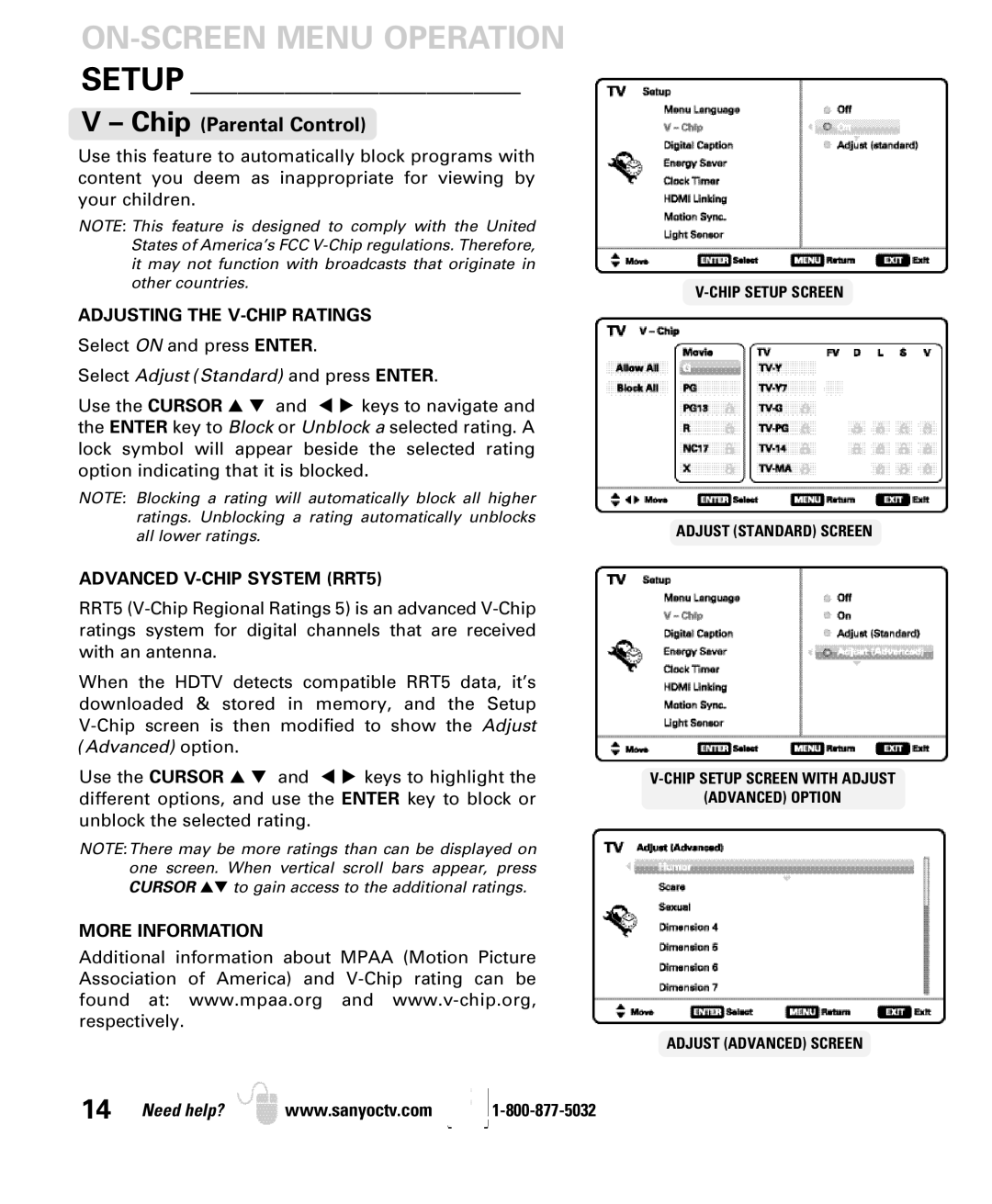 Sanyo DP52440 manual Adjusting the V-CHIP Ratings, Advanced V-CHIP System RRT5, More Information 