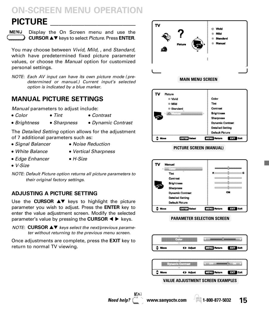 Sanyo DP52440 manual Manual Picture Settings, Adjusting a Picture Setting 