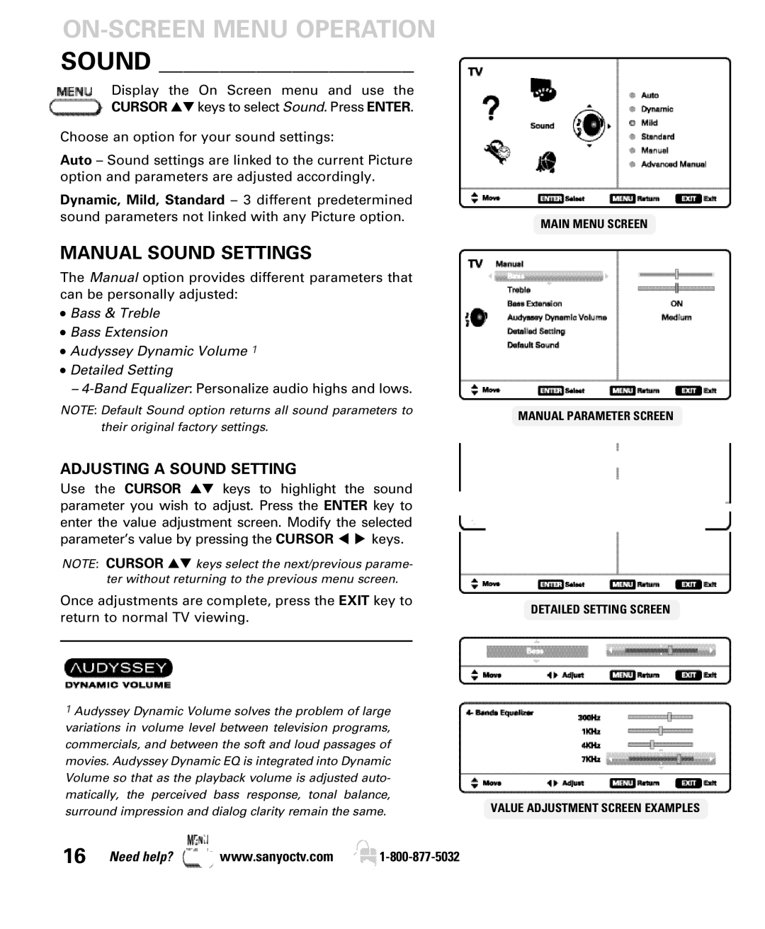 Sanyo DP52440 manual Manual Sound Settings, Adjusting a Sound Setting 