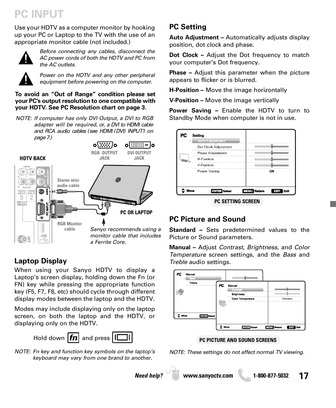 Sanyo DP52440 manual PC Input, PC Setting 