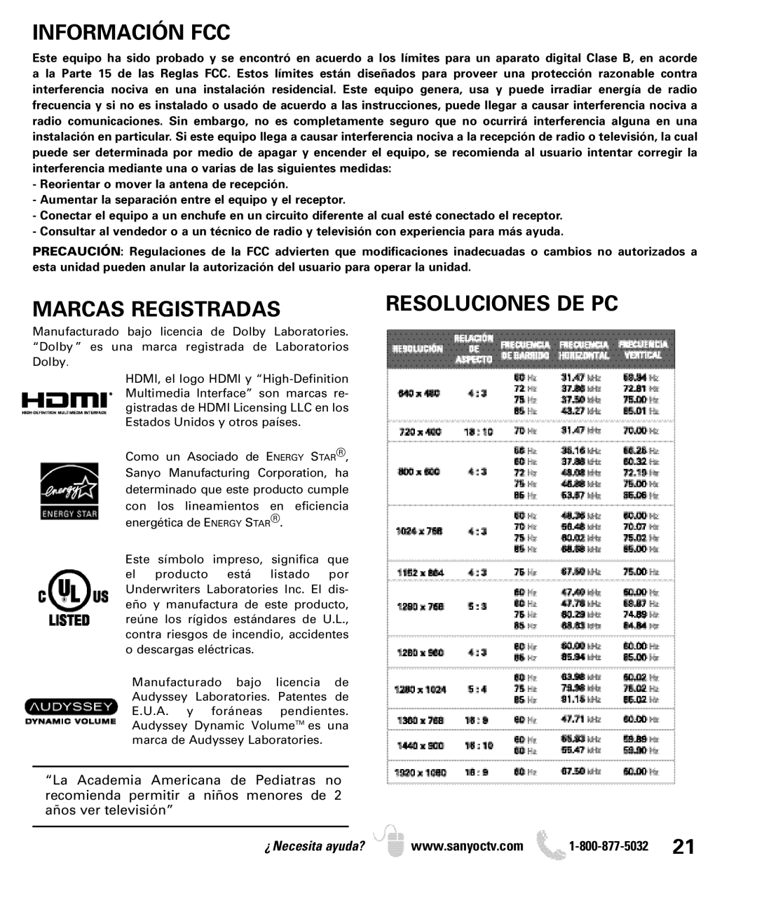 Sanyo DP52440 manual Información FCC, Marcas Registradas 