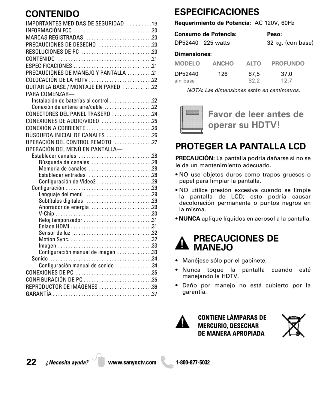 Sanyo DP52440 manual Contenido, Especificaciones, Proteger LA Pantalla LCD, Precauciones DE Manejo 